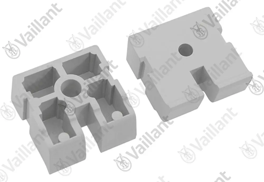 Zwei graue Abstandshalter von Vaillant mit quadratischem Design und mittigem Loch, geeignet zur Befestigung in Heizsystemen.